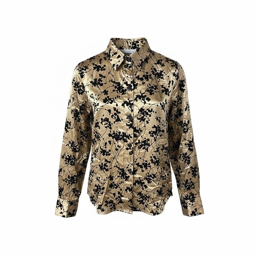 Vintage Nina Taylor Women's Button Down‎ Long Sleeve Shirt Beige Black Size M